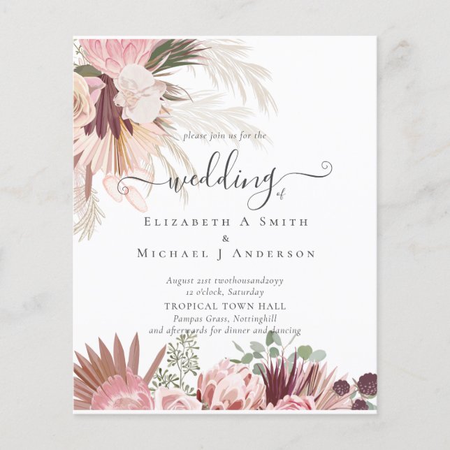 Burgund Wein Pampas Tropische Hochzeit Flyer (Vorne)