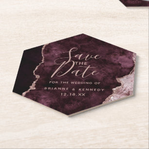 Burgund Wein Rose Gold Agate Marmor Save the Date Untersetzer