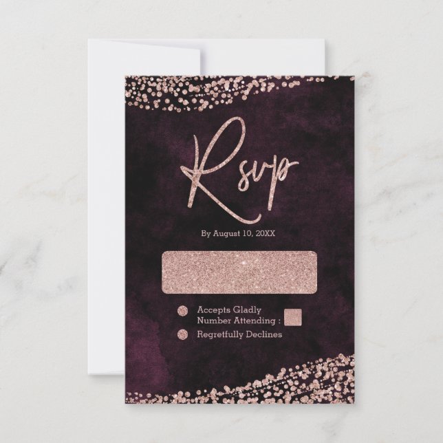Burgund Wein & Rose Gold Confetti Wedding RSVP (Vorderseite)