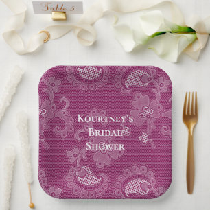 Burgund Wein Weißes Spitzen Brautparty Pappteller