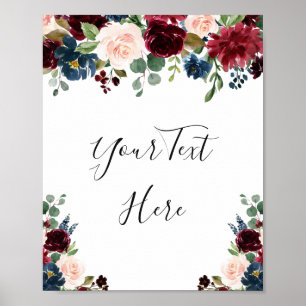 Burgund Weinblau Blush Wasserfarben Blumen Poster