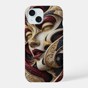 Burgund Weinblau Elfenbein Gold Mosaik Gesicht iPhone 15 Hülle