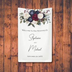 Burgund Weinblau Weiße Florale Elegante Hochzeit Banner