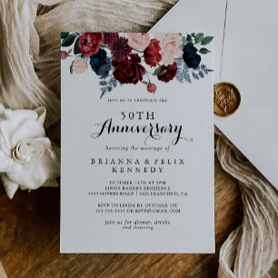 Burgund Weinblumen 50. Hochzeitstag Einladung