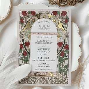 Burgund Weinlaub Gold Hochzeit Nouveau Vintage Folieneinladung