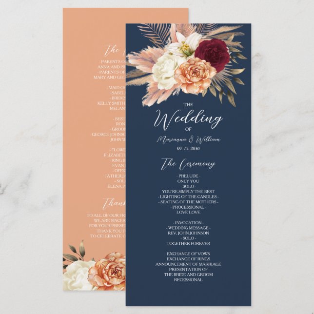 Burgund Weinrot Blaue Hochzeit Programm (Vorne/Hinten)