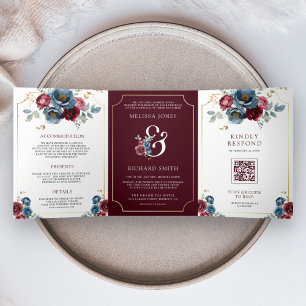 Burgund Weinrot Floral Und-Zeichen QR-Code Hochzei Dreifach Gefaltete Einladung