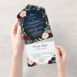 Burgund Weinrot Rosa Floral Gold Geometrisch Hochz All In One Einladung