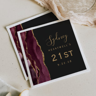 Burgund Weinstein Gold Schrift Dunkel 21. Geburtst Serviette