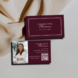 Burgund & Weiß Professioneller Luxus Foto QR Code Visitenkarte