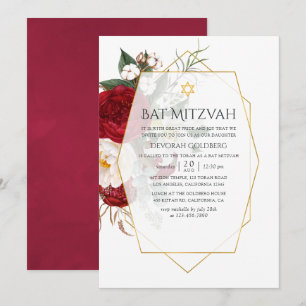 Burgund & Weiße Florale Geometrische Bat Mitzwa Einladung