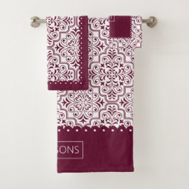 Burgund, weißes Damastmuster, geschmiedete Ränder Badhandtuch Set