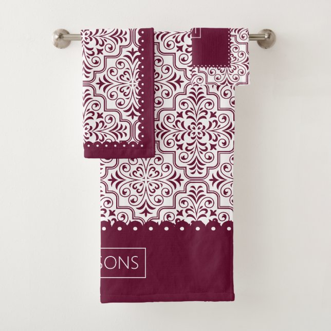 Burgund, weißes Damastmuster, geschmiedete Ränder Badhandtuch Set (Insitu)