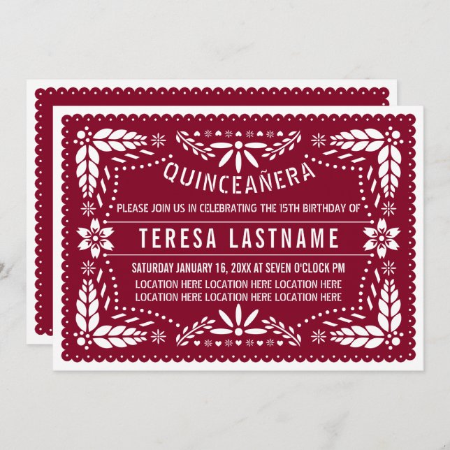 Burgund, weißes Papelpikado Mexican Quinceañera Einladung (Vorne/Hinten)