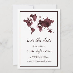 Burgund-Weltkarte Elegante Hochzeit zum Thema Re Save The Date