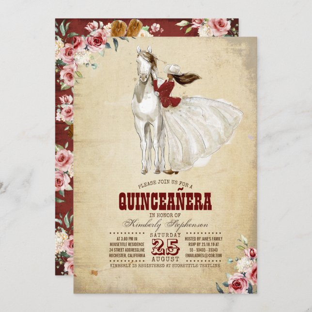Burgund Western Quinceañera - 15. Geburtstag Einladung (Vorne/Hinten)