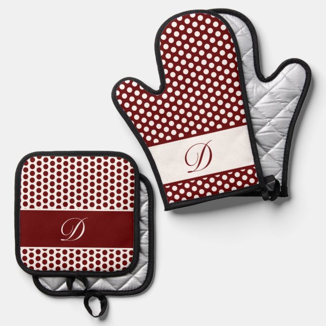 Burgund & White Mit Monogramm Polka-Dot Ofenhandschuh & Topflappen-Set (Vorderseite/Rückseite)