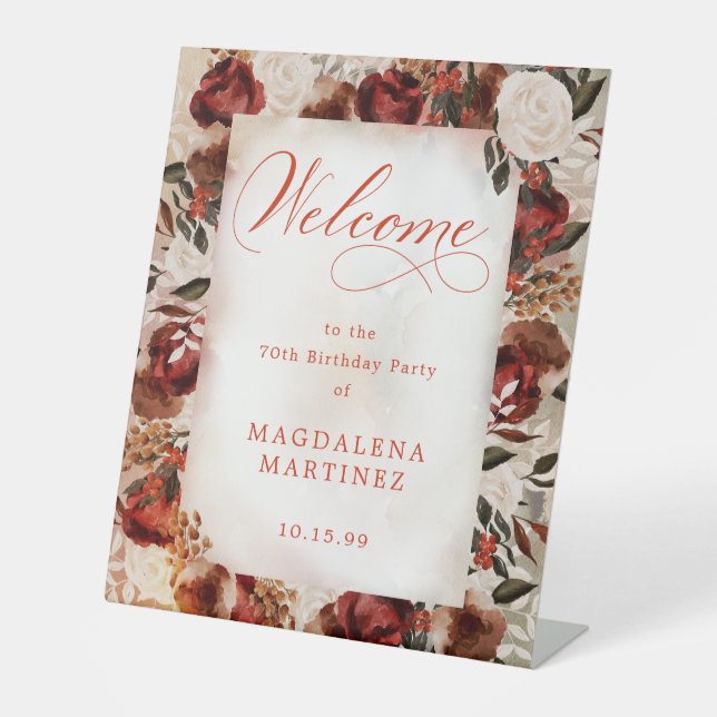 Burgund White Rose 70. Geburtstag Willkommen Sockelschild (Vorderseite)