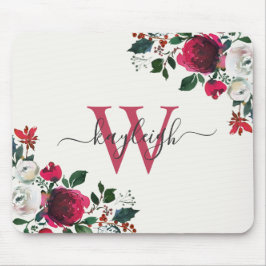Burgund White Water Color Floral Name Mit Monogram Mousepad