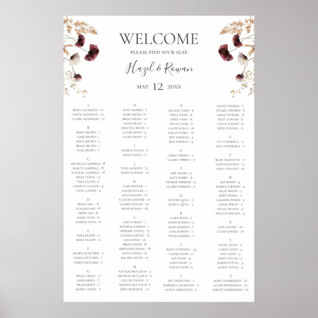 Burgund-Wildblume | Alphabetische Sitztabelle Poster (Vorne)
