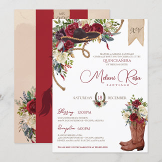 Burgund Winter Floral Western Charro Quinceanera Einladung