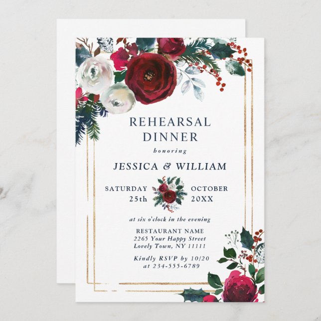 Burgund Winter Rose Foliage PROBE DINNER Einladung (Vorne/Hinten)