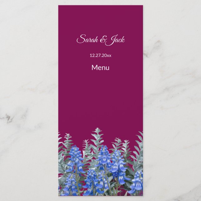Burgund Winter Wedding mit Bluebonnet Menükarte (Vorderseite)