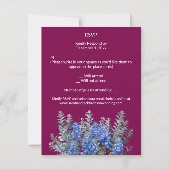 Burgund Winter Wedding mit Bluebonnet RSVP Karte (Vorderseite)