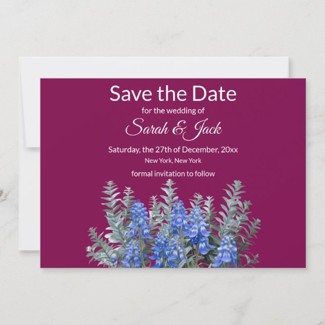 Burgund Winter Wedding mit Bluebonnet Save The Date (Vorderseite)