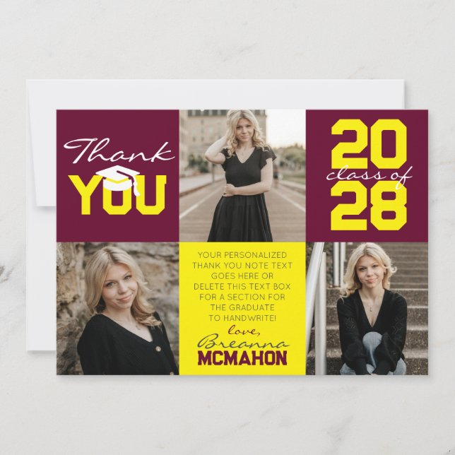 Burgund & Yellow 3 Foto Abschluss Vielen Dank Einladung (Vorderseite)