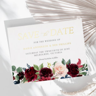 Burgunder Aquarell Blumen Hochzeit Save the Date  Folie Einladungspostkarte