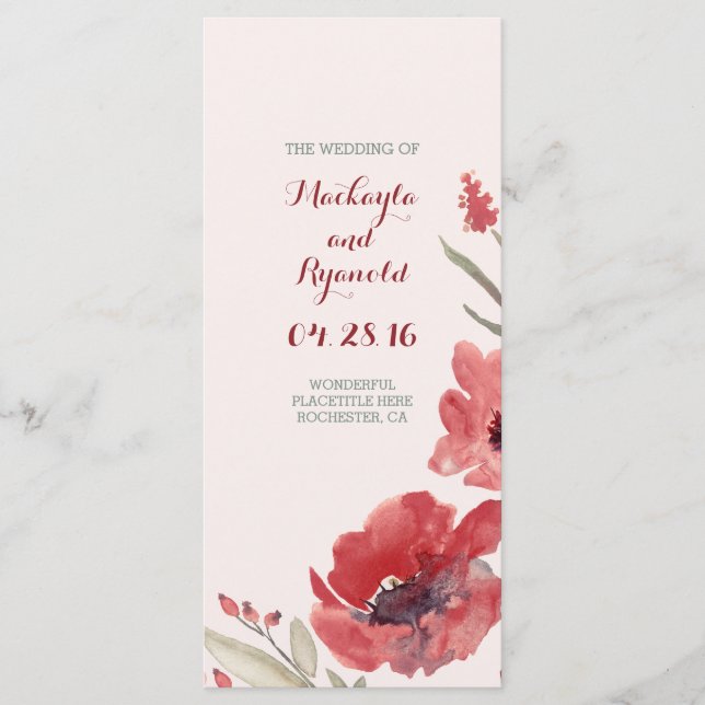 Burgunder-Aquarell-Blumen-Hochzeitsprogramme Programm (Vorderseite)