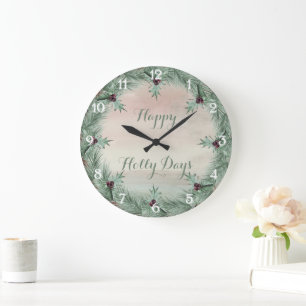 Burgunder-Beeren-Stechpalme-Kiefer-Weihnachten Große Wanduhr
