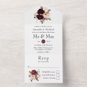Burgunder-Beeren- und Rosé-Blumen-Hochzeit All-in- All In One Einladung