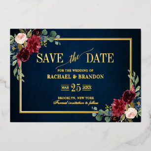 Burgunder Blau Floral Gold Rahmen Save the Date Folieneinladung