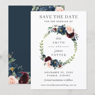Burgunder Blau Florale Hochzeits-Save-the-Date-Kar Einladung