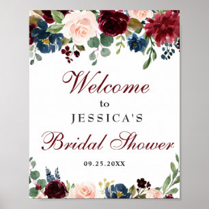 Burgunder Blau Florales Willkommensschild für Brau Poster