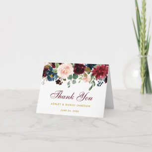 Burgunder Blaue Florale Hochzeit Gold Dankeskarten Dankeskarte