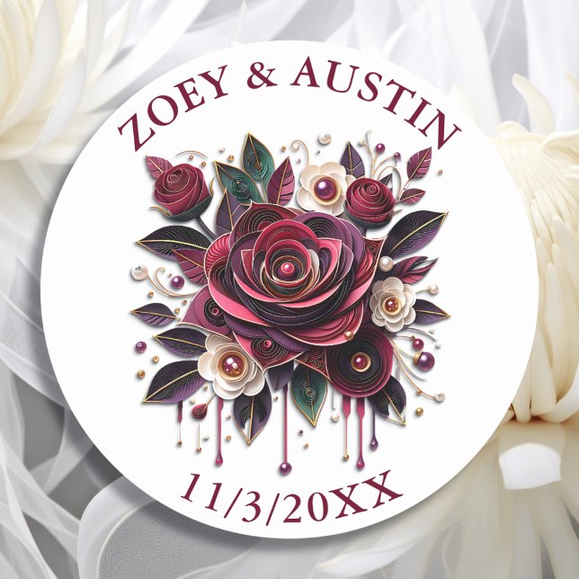 Burgunder Blume, Blätter und Perlen Personalisiert Runder Aufkleber (Von Creator hochgeladen)