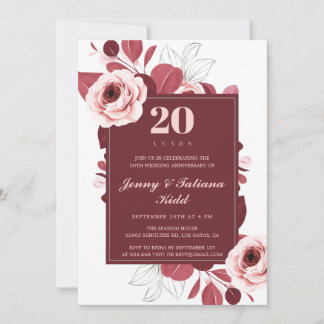 Burgunder Blumen 20. Hochzeitstag Einladung