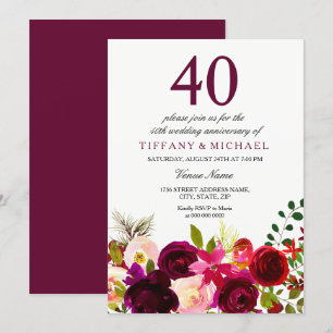 Burgunder Blumen 40. Hochzeitstag Einladung