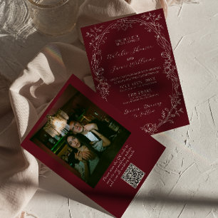 Burgunder Blumen Alt Geld Foto QR Code Hochzeit Einladung