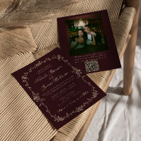 Burgunder Blumen Alt Geld QR-Code Foto Hochzeit