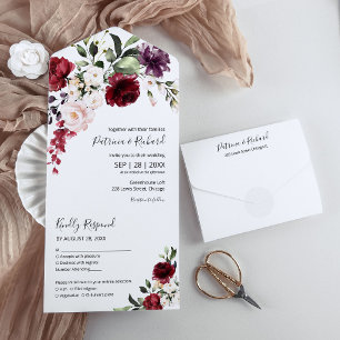 Burgunder Blumen-Aquarell Elegante Hochzeit All In One Einladung