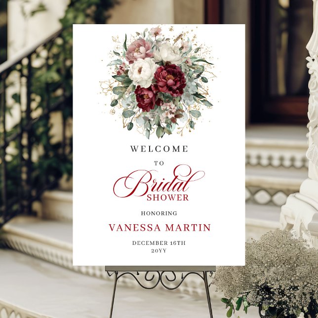 Burgunder Blumen Boho Gold Brautparty Willkommen Poster (Burgundy Floral Boho Bridal Shower Welcome)