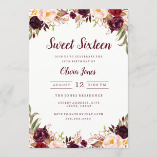 Burgunder Blumen Einladung zum Sweet Sixteen