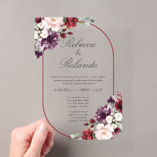 Burgunder-Blumen Elegante Hochzeitseinladung Spani Acryleinladungen