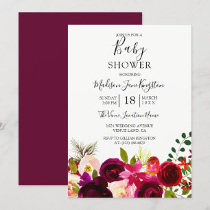 Burgunder Blumen Floral Boho Babyparty Einladung