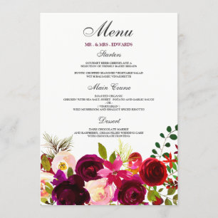 Burgunder Blumen Florale Elegante Hochzeit Menükarte