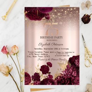 Burgunder Blumen Glitter Rosen Gold 75. Geburtstag Einladung